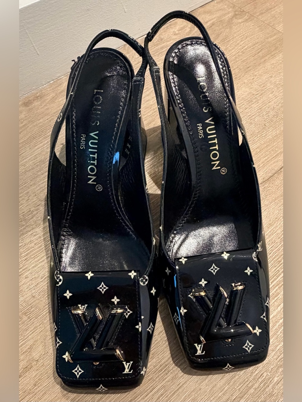 Louis Vuitton Black Patent Monogram Square-Toe Slingback Heels